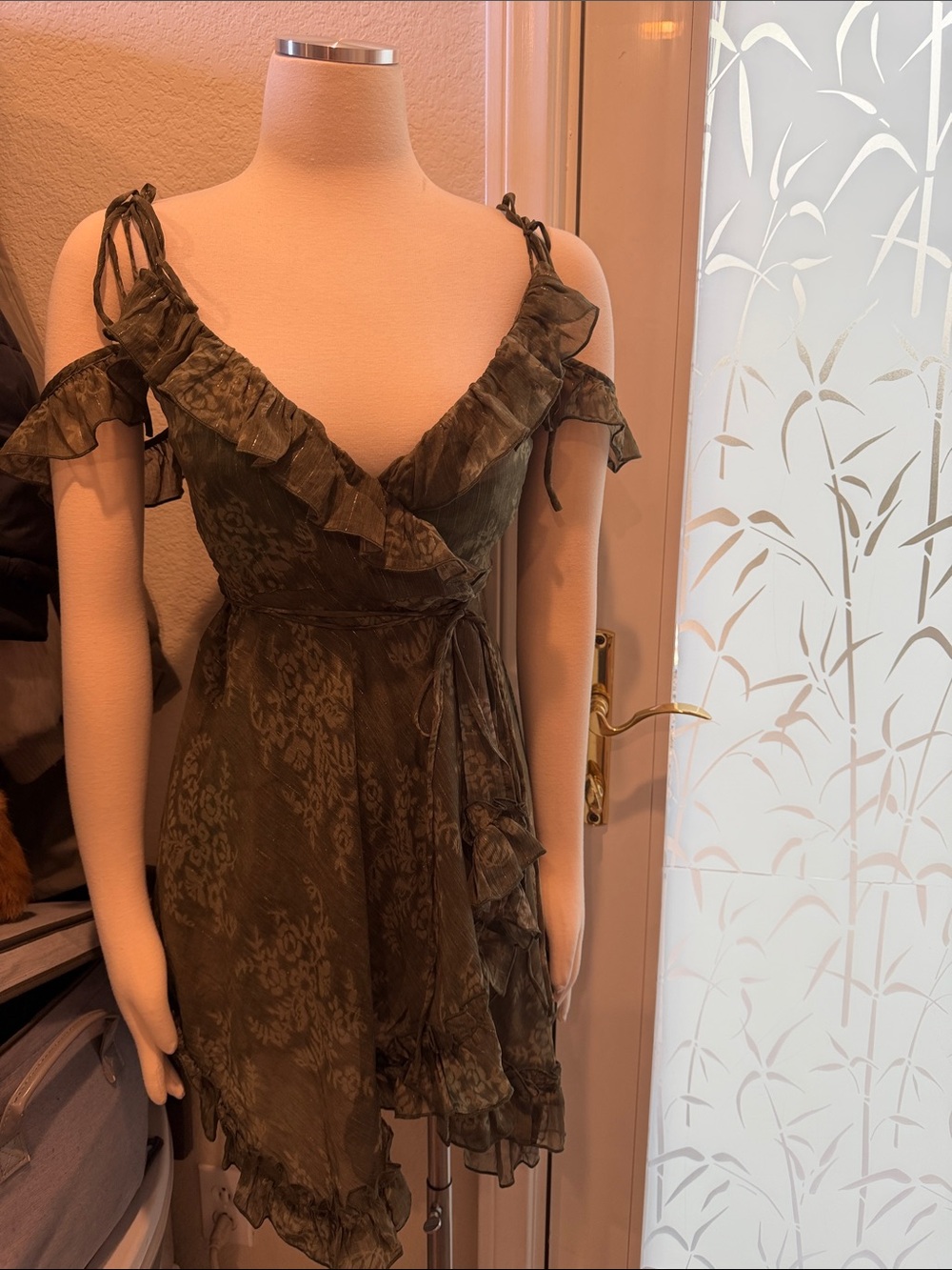 Current mood Olive Green Ruffle Wrap Dress